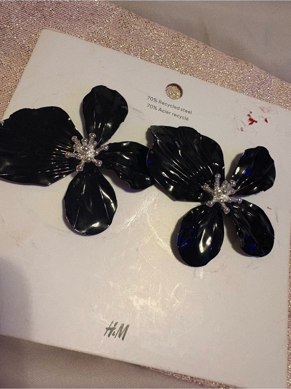 H&M Black Floral Drop Earrings with Pearl Cluster Centers
